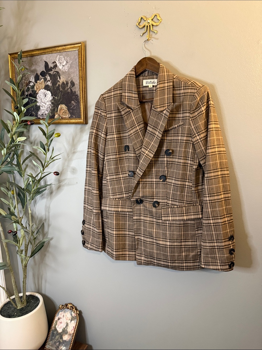 Listicle Plaid Double Breasted Blazer S Brown Academia Equestrian Preppy - Picture 6 of 8